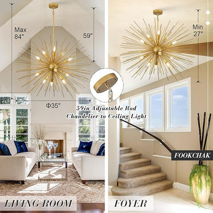 35in Gold Sputnik Chandelier 12-Light Starburst Chandelier Light Fixture Solid Metal Mid-Century Modern Satellite Light Fixture for High Ceiling Living Room Dining Room Foyer, E12