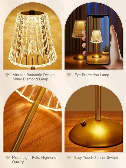 Crystal Cordless Lamp, Dimmable+3 Colors Rechargeable Lamp, Touch+2000mAh Battery Operated Vintage Ambient Light for Kitchen/Bedroom/Bathroom Shower, College Gifts, Mothers Day Gifts for Wife Daughter