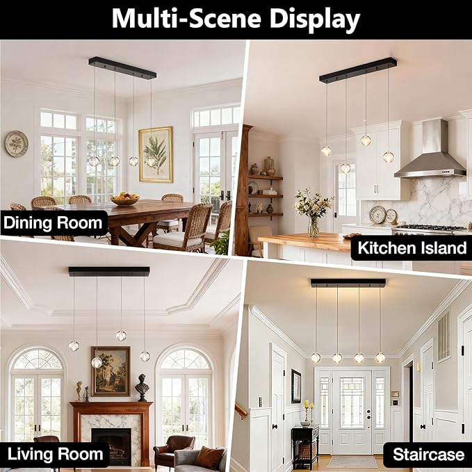 Black Modern 4 Lights Bubble Light Chandelier for Dining Room, Crystal Globe Kitchen Hanging Pendant Light, Rectangular Chandeliers Over Table for Kitchen Island Hallway Bedroom