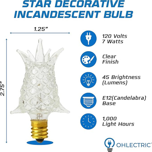 OHLECTRIC STAR Decorative Incandescent Bulb (6-Pack) 7W Clear Flame/Star Design Novelty Decor Light Bulb Candelabra Base E12 45 Lumens 120V C7A Filament, Chandeliers, Accent Lighting, Holiday Displays
