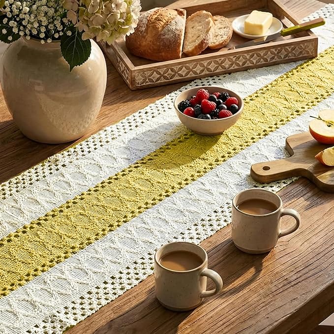 Artoid Mode Yellow Farmhouse Rustic Table Runner, Seasonal Holiday Hollow Kitchen Dining Table Decoration for Home Party Decor 12x36 Inch