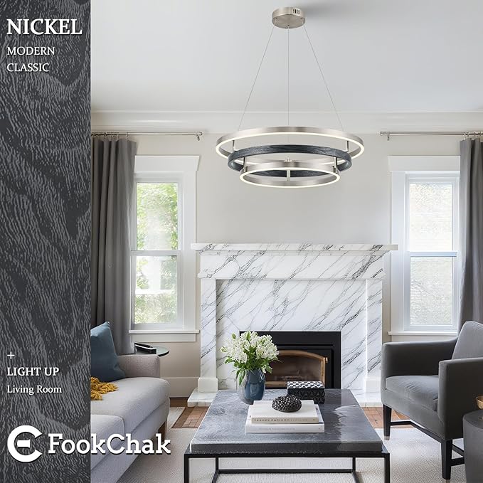 Modern LED Chandelier Black Wood Dimmable 3 Ring Brushed Nickel Chandeliers Light 24in Dining Room Chandeliers for Entryway Foyer Kitchen Island Living Room Study Room