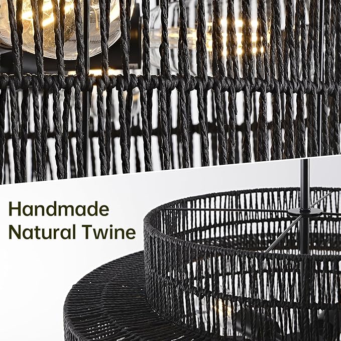 4-Light Black Boho Rattan Chandelier Light Fixture, 17.7” Hand Woven Rustic Chandeliers Farmhouse Chandelier Hanging Light for Dining Room Kitchen Island, Living Room, Foyer