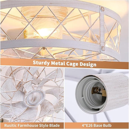 24" Flush Mount White Caged Ceiling Fans with Lights, Rustic Low Profile Ceiling Fan with Light and Remote, Quiet Reversible DC Motor Bladeless Enclosed Ceiling Fan for Bedroom Kitchen Farmhouse