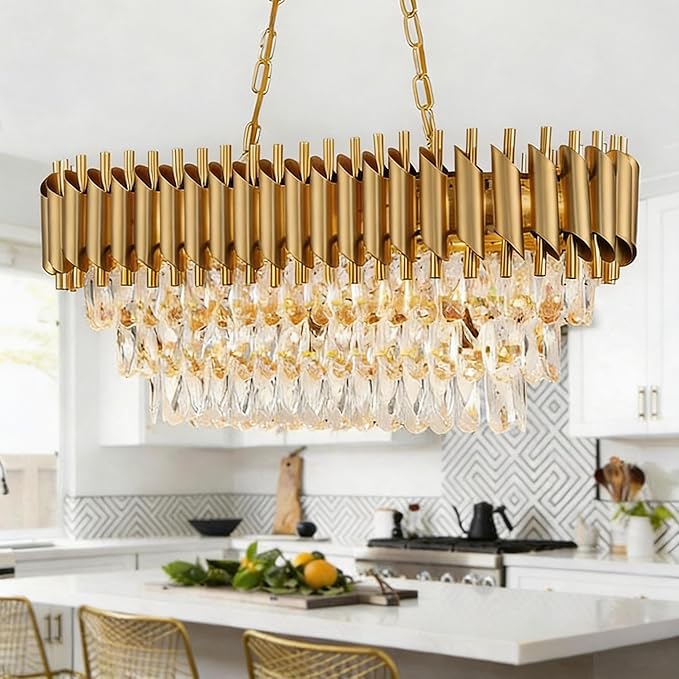 Oval Contemporary Ceiling Hanging Light, L32in Luxury Gold Chandelier Modern Rectangular Chandelier Linear Ceiling Pendant Light for Bedroom Kitchen 8Lights
