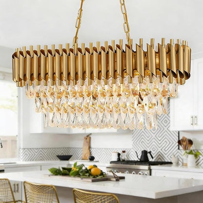 Oval Contemporary Ceiling Hanging Light, L32in Luxury Gold Chandelier Modern Rectangular Chandelier Linear Ceiling Pendant Light for Bedroom Kitchen 8Lights