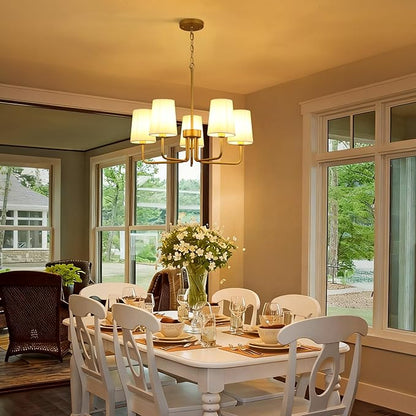 Modern Farmhouse Chandelier, 5-Light Gold Chandelier White Fabric Shade, Height Adjustable Industrial Pendant Light for Kitchen Over Table, 25‘’Dining Room Light Fixture for Living Room