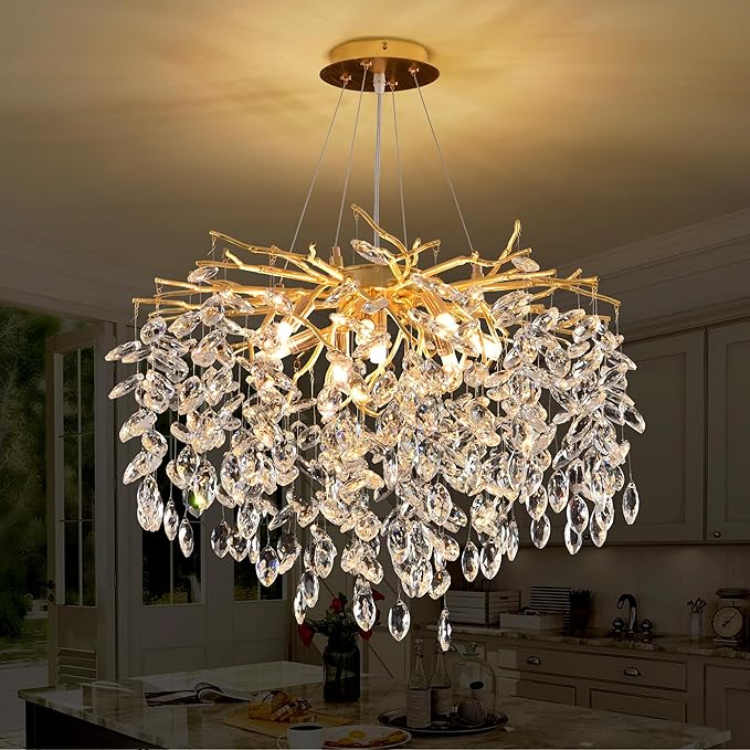 Gold Crystal Tree Branch Chandelier, Modern Round Art Deco Raindrop Lighting Fixture for Dining Room Bedroom Living Room 8 Lights D23.7''