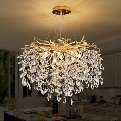 Gold Crystal Tree Branch Chandelier, Modern Round Art Deco Raindrop Lighting Fixture for Dining Room Bedroom Living Room 8 Lights D23.7''
