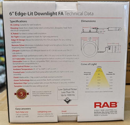 RAB Lighting WFRL-Field-Adjustable Edge-Lit LED Downlight-Canless Wafer Design-Black/White Trim-5CCT Selectable 2700K-5000K-90 CRI-Wet Rated/Dimmable for Modern Ceilings (WFRL6R139FA120WS, 1)