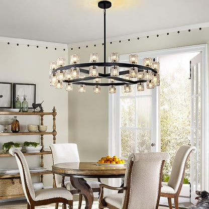 Modern Black Crystal Chandelier,36" K9 Crystal Chandeliers for Dining Room Over Table,Wagon Wheel Chandeliers for Dining Room,Living Room,Foyer,Includes 36XG4 Bulbs