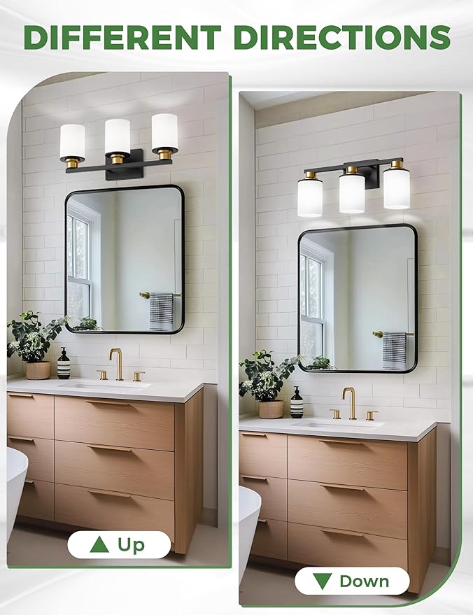 DORESshop Black and Gold Vanity Light, 3-Light Bathroom Light Fixture Over Mirror with Milk Glass Shade, Modern Vanity Lighting for Living Room Bedroom, ETL Listed