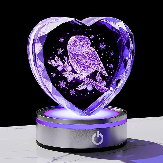 Qianwei Owl Gifts for Women 3D Crystal Heart - Laser Owl Decor Glass Animals Bird Gifts Figurines Statue Stuff for Room Decorations Bird Night Light