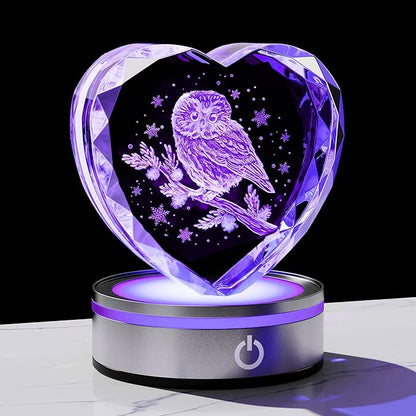 Qianwei Owl Gifts for Women 3D Crystal Heart - Laser Owl Decor Glass Animals Bird Gifts Figurines Statue Stuff for Room Decorations Bird Night Light