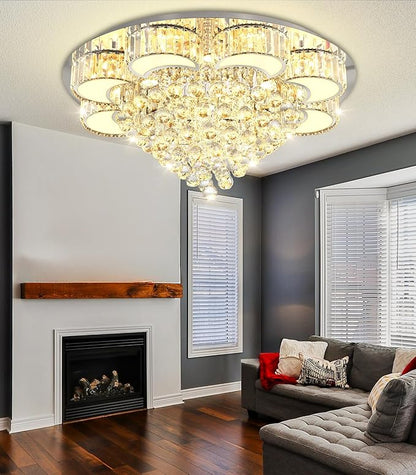 31.4" Silver Modern Crystal Chandeliers for Dining Room LED Dimmable Light Fixtures Flush Mount Light Living Room Bedrooms