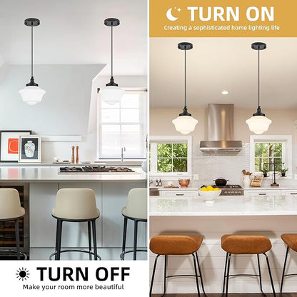 Bagood 8" Black Milk Glass Pendant Light Schoolhouse Pendant Light Schoolhouse Light Fixture Milk Glass Light Fixture Mid Century Modern Ceiling Light for Kitchen Island Bedroom Bathroom (Bulb Incl.)
