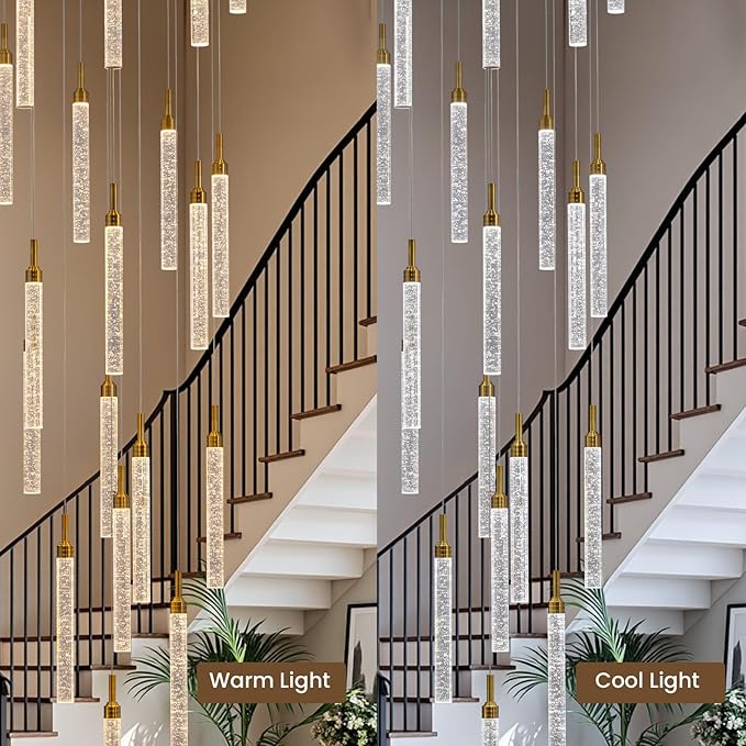 SNZ 20-Light Gold Crystal Chandelier, High Ceiling Chandelier for Staircase, Modern LED Dimmable Pendant Light Fixture for Entryway Hallway Living Room, 157in, Gold