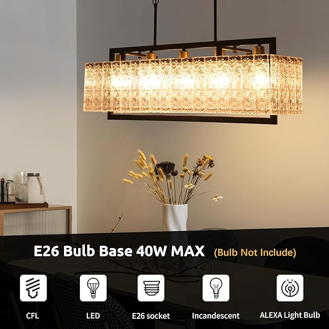 Black Crystal Chandeliers for Dining Room, 35.4" Modern Chandelier for Living Room,Water Ripple Glass Design, Adjustable Height, Rectangle Hanging Light Fixture for Living Room Kitchen Island