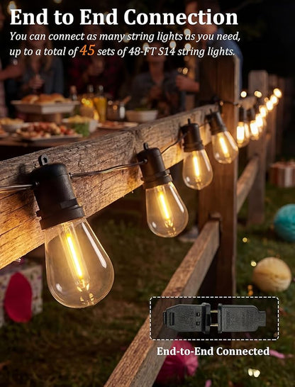 S14 Patio String Lights, 48FT Outdoor Patio String Light with 17 Clear LED Bulbs (1 Spare), UL Certified Waterproof Hanging Lights for Outdoor & Indoor - Commercial Grade Black Wire