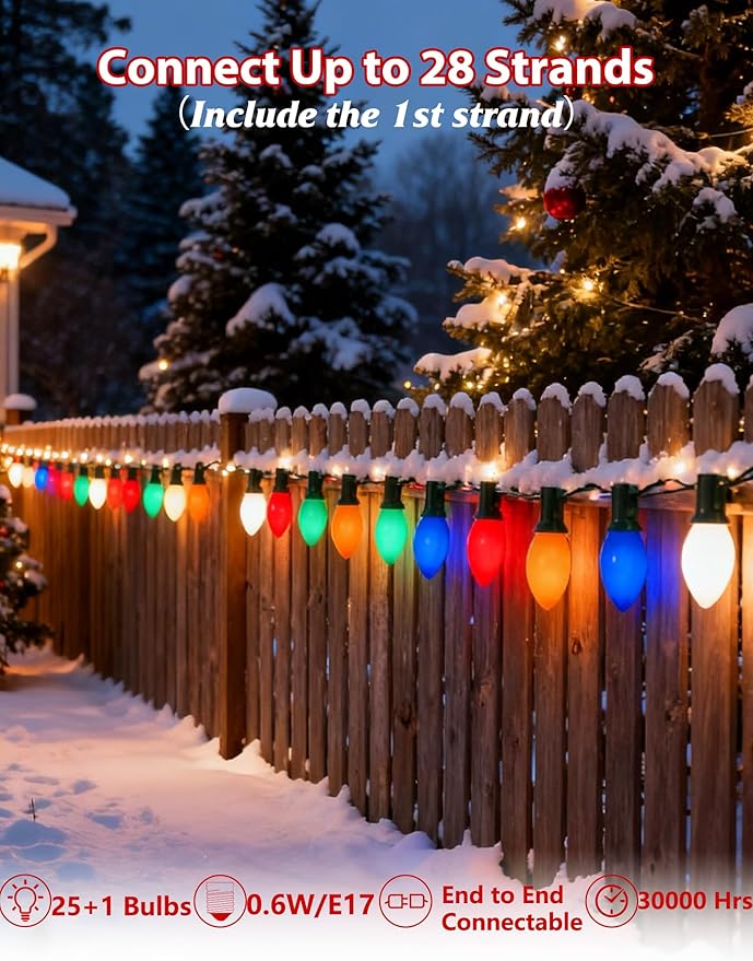 C9 LED Christmas Lights,25FT Vintage C9 Multicolor Christmas Lights Outdoor with 26 Colorful Ceramic LED Bulbs,Connectable Waterproof Light for Outdoor Christmas Decorations Tree Garden Gar