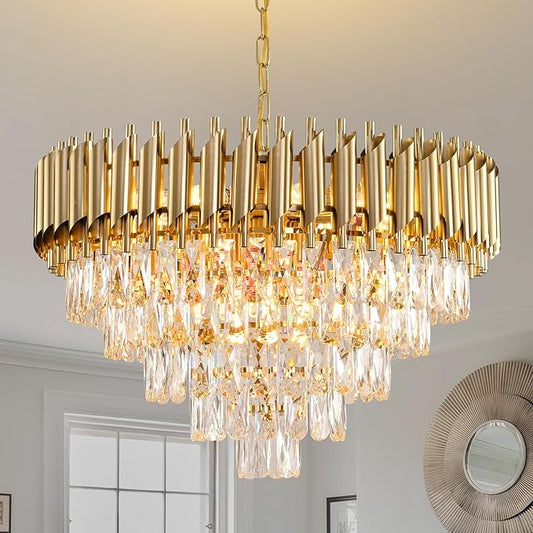 Gold Crystal Chandeliers Modern Round Chandelier for Dining Room 5 Tiers Ceiling Pendant Light Fixtures Large Ceiling Chandeliers for Foyer Living Room Bedroom Foyer entryway 24” 12 Lights