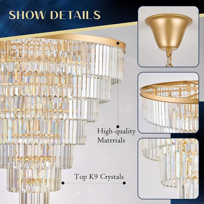 Large Crystal Chandelier Modern Gold 36" Round Chandeliers for Staircase 22 Lights 7-Tier Luxury K9 Crystal Ceiling Pendant Light Fixture for High Ceiling Living Room Foyer
