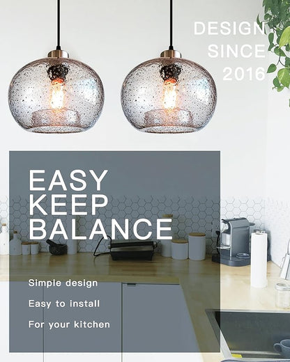 CASAMOTION Handblown Glass Pendant Lighting Drop Ceiling Lights, Modern Rustic Hanging Light Clear Seeded Glass with Black Marble, Brushed Nickel Finish, 8.7 Inch Diameter
