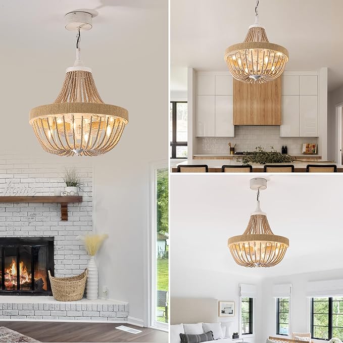 Vintage Bohemian Empire Chandelier Fan with 64 Wood Bead Strands, 7-Blade Invisible Fan, Antique White Gold Finish Ceiling Fan for Living Room, Bedroom(White Gold, 20'' Boho Style)