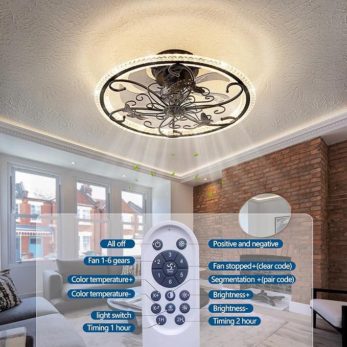 Retro Black Ceiling Fan with Lights Remote Control, 6 Speeds 3 Color Industrial Caged Ceiling Fan with Light for Kitchen Bedroom Living Room