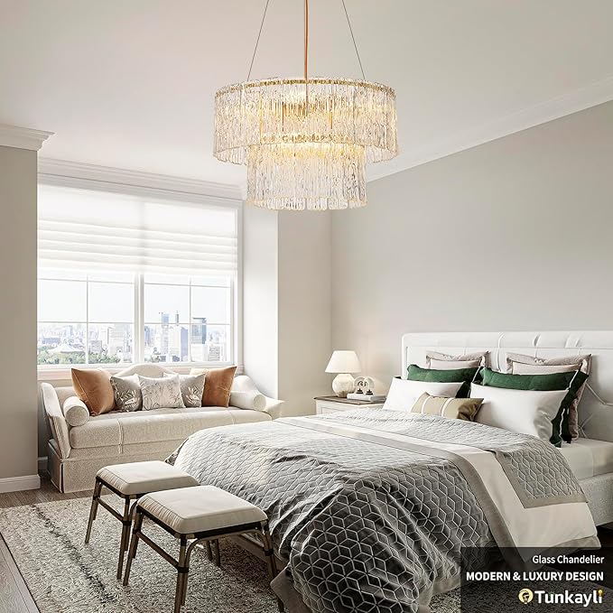20" Crystal Chandelier Modern Gold Glass Chandeliers 2-Tier Round Elegant Luxury Lighting 6-Light Drum Crystal Chandelier for Dining Room Kitchen Restaurant Foyer Bedroom Living Room