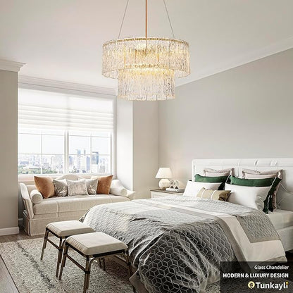 20" Crystal Chandelier Modern Gold Glass Chandeliers 2-Tier Round Elegant Luxury Lighting 6-Light Drum Crystal Chandelier for Dining Room Kitchen Restaurant Foyer Bedroom Living Room