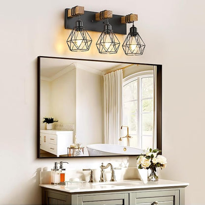 Farmhouse Vanity Light for Bathroom, 3-Light Wood Bathroom Vanity Light Fixtures Over Mirror, Rustic Sconces Wall Lighting with Metal Lampshade for Living Room, Bedroom, Hallway