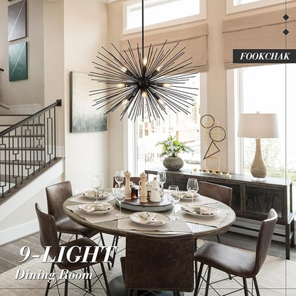 32in Black Sputnik Chandelier Solid Metal Starburst Chandelier Light Fixture 9-Light Mid-Century Modern Satellite Light Fixture for Living Room Dining Room Foyer Study Room Bathroom,E12