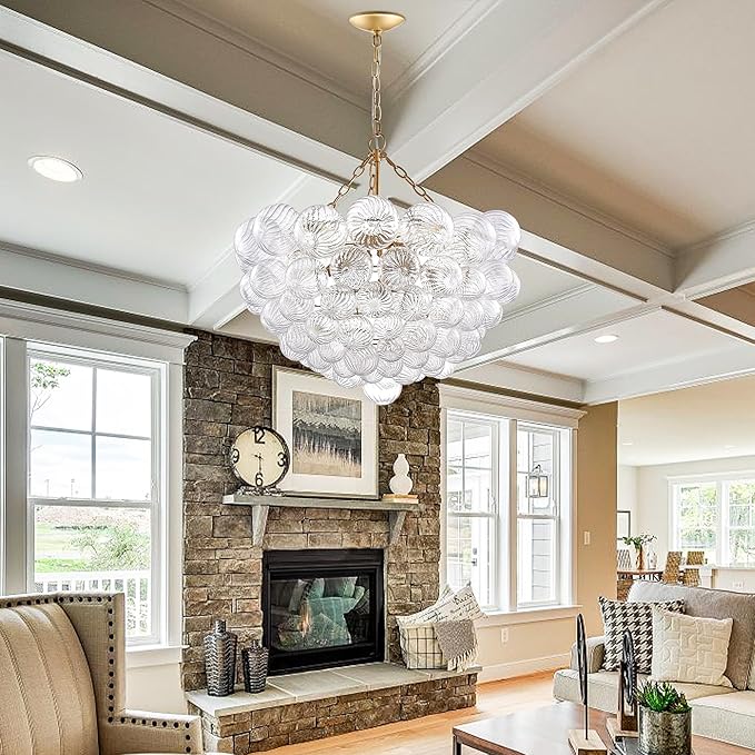 Longree Nordic Bubble Ball Swirled Glass Chandelier, Diam 31" Gild Gold and Clear Modern Hand Blown Glass Pendant Light Fixture for Dining Room, Bedroom, Study, Restaurant, Hallway