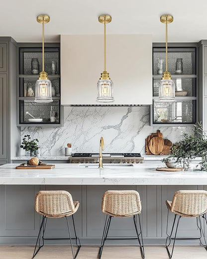 HWH Modern Hanging Pendant Lights, Brushed Gold Pendant Light with Bell-Shaped Fluted Clear Glass, Hanging Light Fixture Adjustable for Kitchen, 5HZG106MIL-L BG