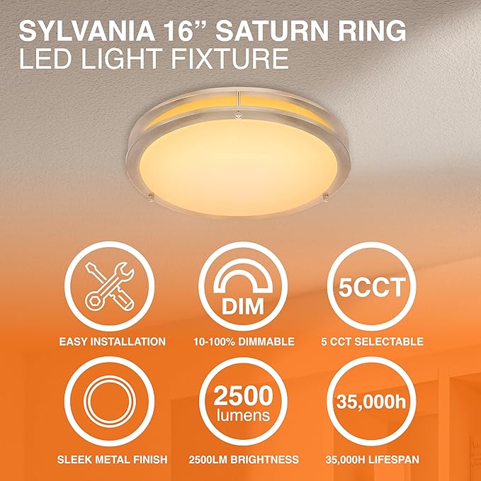 Sylvania 16" Saturn Ring LED Light Fixture, 35W, 5 Temperature Select, Dimmable, 2500 LMS, Brushed Nickel, for Family Rooms/Hallways/Kitchens/Bedrooms - 1 Pack (67229)