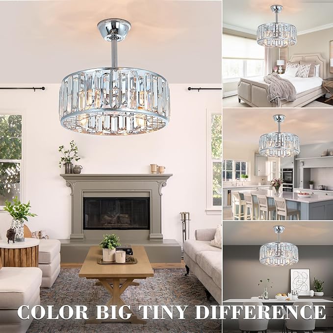 18.2" Silver Crystal Caged Ceiling Fan with Light 4-Lights Modern Flush Mount Fandelier Lights Remote Chrome Crystal Chandelier Ceiling Fan for Bedroom Living Room Dining Room Entry Loft Hallway
