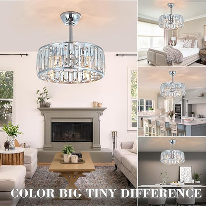 18.2" Silver Crystal Caged Ceiling Fan with Light 4-Lights Modern Flush Mount Fandelier Lights Remote Chrome Crystal Chandelier Ceiling Fan for Bedroom Living Room Dining Room Entry Loft Hallway