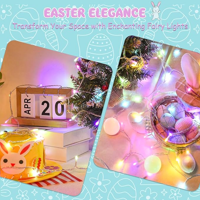 cshare Easter String Lights Battery Operated, Pastel Easter Lights with Timer 9.8ft 30LED Transparent Wire Fairy Lights for Easter Decorations Garland Outdoor Indoor Party 2 Packs