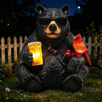 Solar Black Bear Statue for Garden with Beer and Cardinals 6.3" Resin Garden Statues for Outside Yard Paito Porch Decor Birthday Gardening Gifts for Women Mother Sister Grandmother Wife