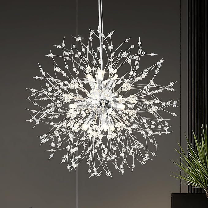 Yiisem Modern Crystal Chandeliers, 9-Light Chrome Dandelion Firework Pendant Lighting, Chandelier Light Fixtures for Dining Room Bedroom Living Room Restaurant Kitchen Hallway