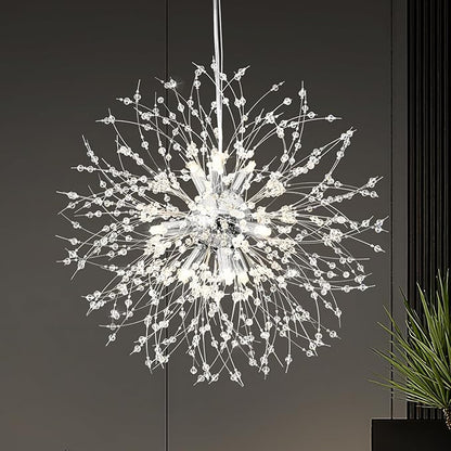 Yiisem Modern Crystal Chandeliers, 9-Light Chrome Dandelion Firework Pendant Lighting, Chandelier Light Fixtures for Dining Room Bedroom Living Room Restaurant Kitchen Hallway