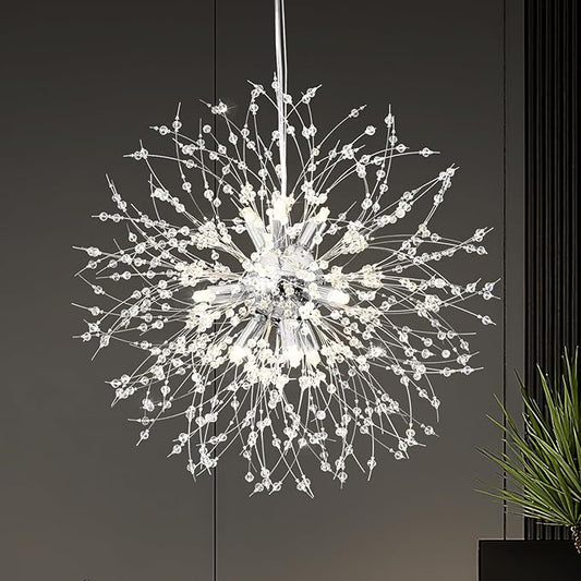 Yiisem Modern Crystal Chandeliers, 9-Light Chrome Dandelion Firework Pendant Lighting, Chandelier Light Fixtures for Dining Room Bedroom Living Room Restaurant Kitchen Hallway