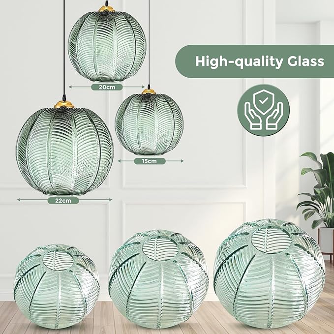 Green Pendant Light, 3 IN 1 Large Glass Pendant Light Fixtures E26 E27 Mid Century Modern Chandelier Ribbed Blown Glass Globe Shade Hanging Light Ceiling Light for Living Room Restaurant Bar,Blue