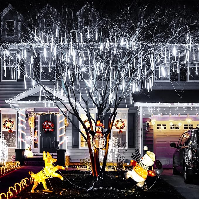 JMEXSUSS White Solar Christmas Lights, 8 Tube 144 LEDs Solar Meteor Shower Lights Outdoor, White Christmas Light for Tree Wedding Xmas Holiday Party Patio GazeboDecor
