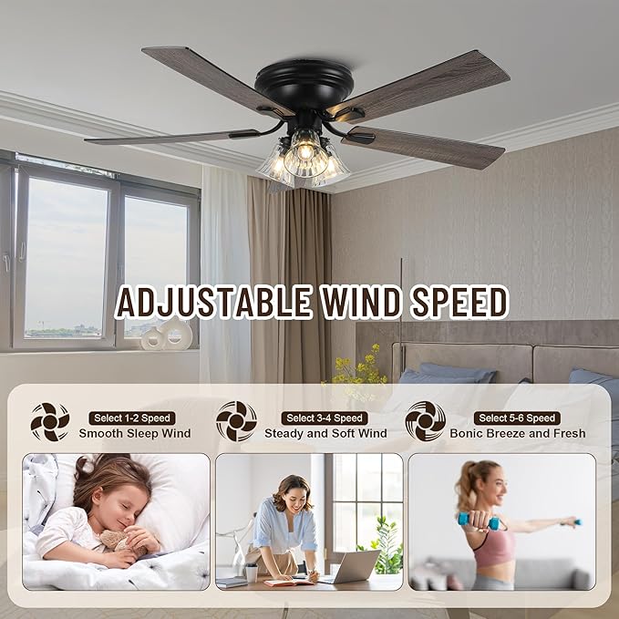 52'' Flush Mount Ceiling Fans with Lights and Remote Control,Reversible DC Motor,5 Reversible Blade,6 Speeds,Rustic Farmhouse Ceiling Fan for Living Room,Dining Room,Bedroom