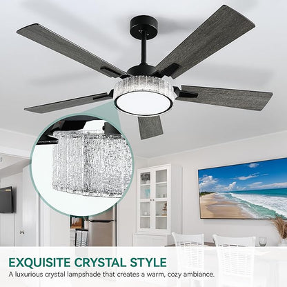 YITAHOME 52 Inch Chandelier Ceiling Fans with Lights and Remote/App, Smart Black Ceiling Fans Compatible with Alexa, Reversible Quiet DC Motor, Dual Finish Blades, Dimmable Lighting for Living Room