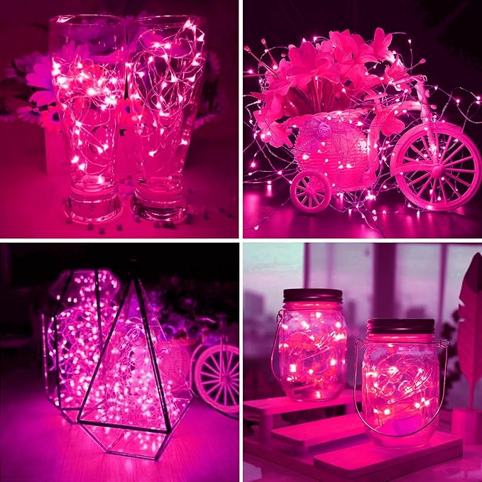 ZGWJ 24 Pack Fairy Lights Battery Operated, 7ft 20 Mini LED Fairy String Lights Silver Wire 3 Modes for DIY, Parties, Wedding, Bedroom, Halloween Christmas Decoration Pink