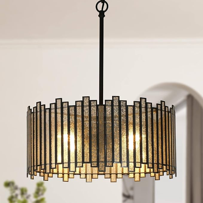 KSANA Black Drum Chandelier, 4-Light Modern Drum Pendant Hanging Light Fixtures with Colored Glass Shade for Dining & Living Room, Bedroom, Foyer and Kitchen, 15.7'' D x 18.9'' H