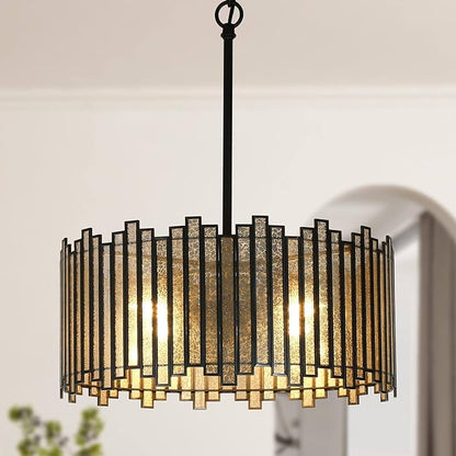 KSANA Black Drum Chandelier, 4-Light Modern Drum Pendant Hanging Light Fixtures with Colored Glass Shade for Dining & Living Room, Bedroom, Foyer and Kitchen, 15.7'' D x 18.9'' H